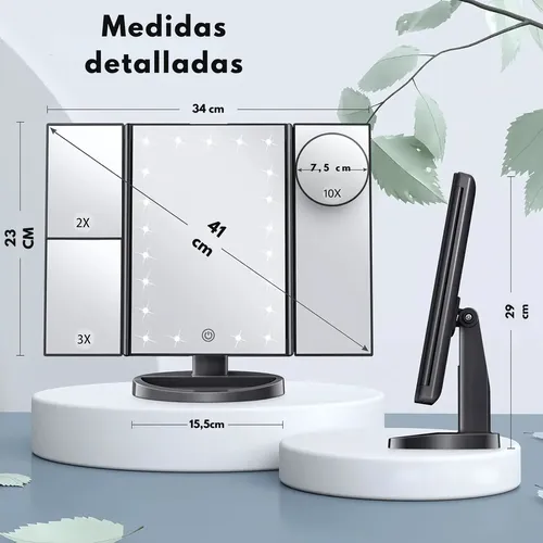 Espejo Tríptico LED para Maquillaje Norcel, Portátil con Aumentos y Luz Regulable Táctil