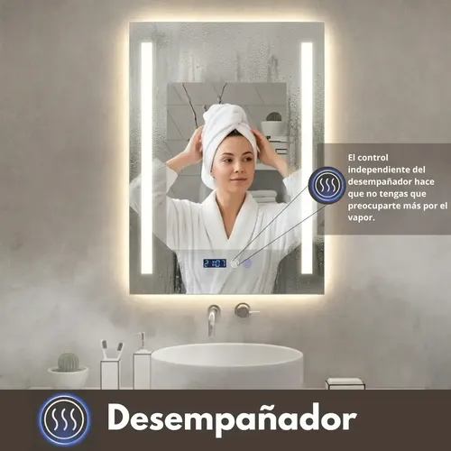 Espejo Baño Luz Led Rectangular Touch Desempañador Hora Pulido