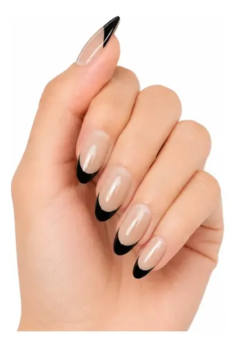 Uñas Press On Veluna Soft Gel Francesitas Clásicas 30u Full Black French Almendra