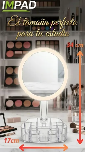 Espejo Redondo Maquillaje Led Táctil Con Organizador Impad