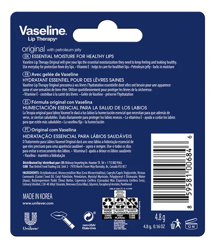 Bálsamo Labial Vaseline Original en Barra para Labios Secos