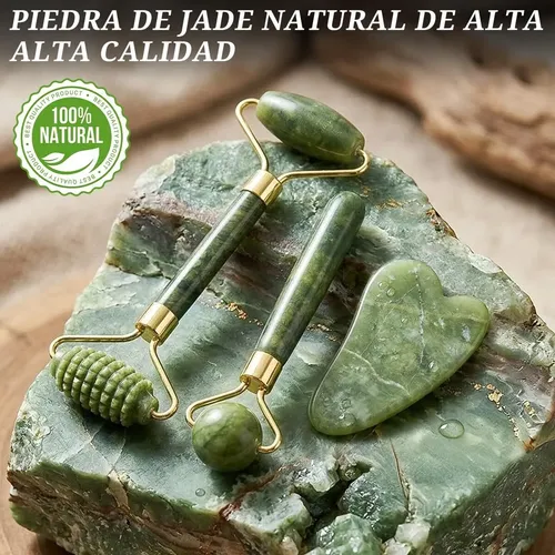 Set De 3 Masajeadores De Jade, Rodillo Facial Y Cuarzo