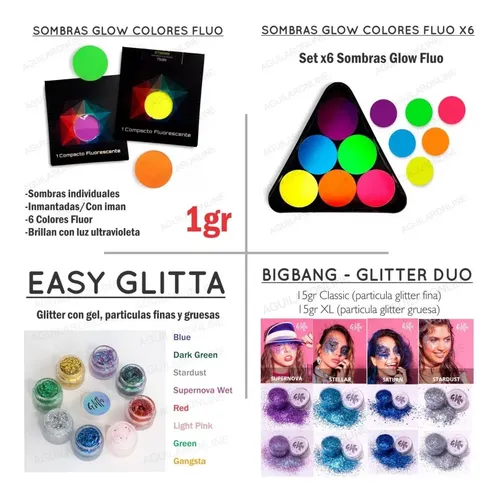 Kit 19 Maquillaje Glow Glitter Stras Gel Pincel Stencil