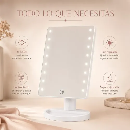 Espejo Maquillaje Con Luz Led Táctil Mesa Tocador 16 Leds