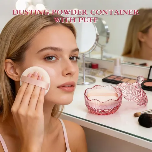 Conjunto De Polvos En Frasco De Vidrio Con Esponja Rosa