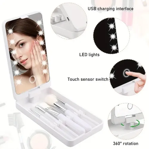 Espejo Led De Maquillaje Portátil Viajero + Brochas Hzj-642 Rosa