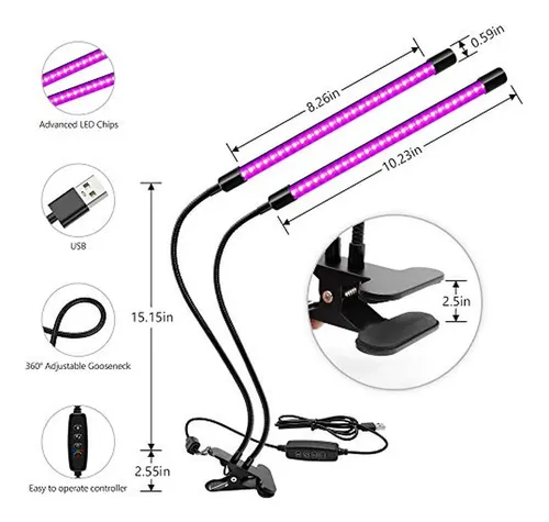 Lámpara Led Negra De Doble Cabezal Ygs-tech, Luz Uv De 20 W,
