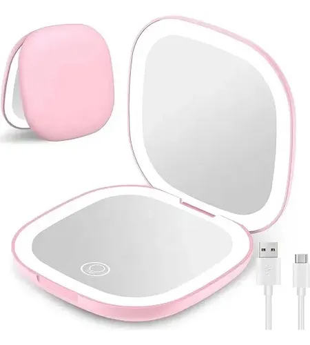 Espejo De Maquillaje De Mano Con Aumento 2x Con Luz Usb