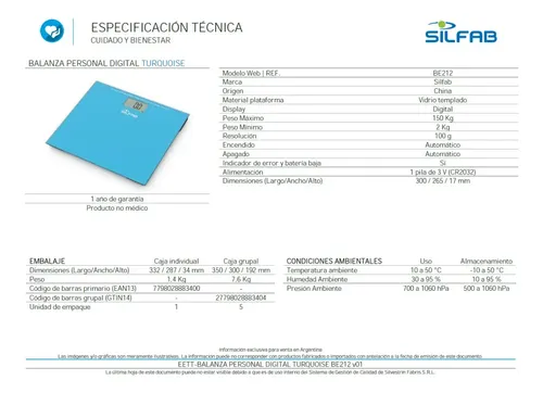 Balanza Digital Silfab Base Vidrio Templado 150kg Be212