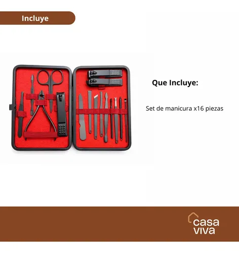 Set De Manicura 16 Piezas Profesional Acero Inoxidable Negro