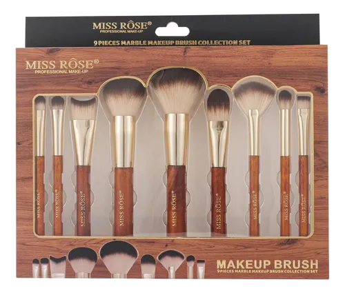 Set 9 Brochas Maquillaje Mango Madera Cerdas Suaves Profesio