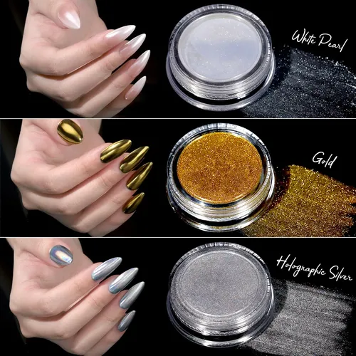 Kit Polvo Cromado Para Uñas Teenitor Perla Oro Plata