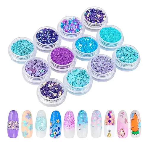 Set Uñas Nail Art Colores Glitter Strass Brillos Y Escamas