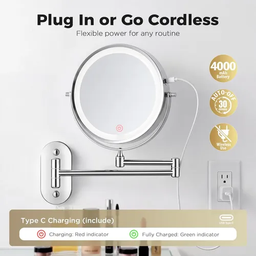 Espejo De Maquillaje De Pared Tubbede Con Luz De 8 Pulgadas Negro
