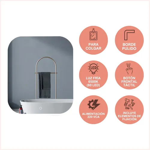 Espejo Rectangular Smart Led Touch Luz Fria Colgar Baño