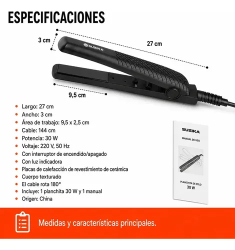 Planchita De Pelo Plancha Pelo Cabello Cerámica Suzika Pl047 Color Negro