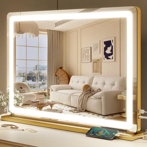 Espejo De Maquillaje Rolove 81x56cm Led Con Luz Dorado