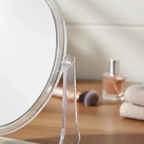 Espejo Maquillaje Con Pie Chico Dos Caras Aumento Mesa Baño