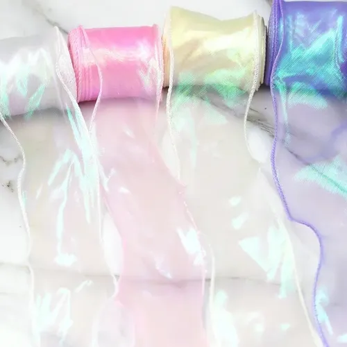 Kit 5 Rollos Cinta Organza Iridiscente Para Manualidades Celeste Lisa