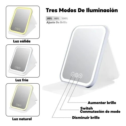 Espejo Cosmético Portátil, Plegable, Recargable Por Usb, Blanco