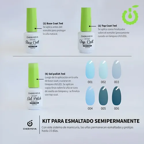 Kit Esmaltes Gel Cherimoya 6 Colores Azules Base Top Coat 7ml