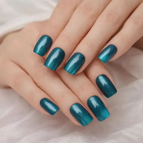 Uñas Press On Nails Veluna Reutilizables Diseños Variados Color Deep Teal Shimmer