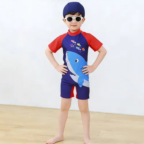 Traje De Baño Para Niños Con Gorra De Manga Corta 2 Piezas