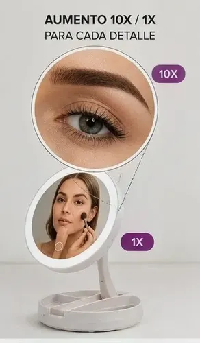 Espejo Maquillaje Con Led Plegable Usb Aumento 10x Doble Faz