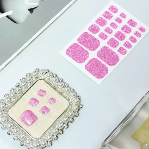 Tiras De Uñas Gel Para Pies Autoadhesivas 22u – No Necesita Lampara UV – Rosa Pastel Glitter
