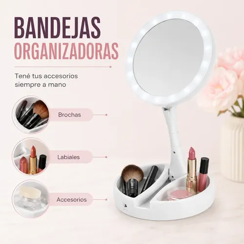 Espejo Redondo Led Plegable Con Aumento 10x Y Organizador
