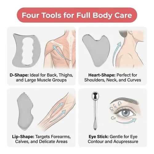 Set Gua Sha Acero Facial Y Corporal Con Estuche Terciopelo