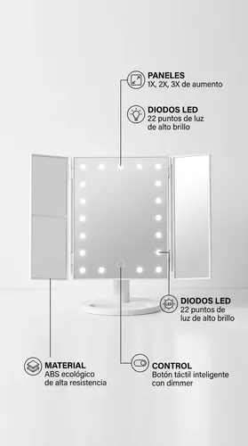 Espejo Mtl Tríptico Con Luz Led Iluminación Portátil Base