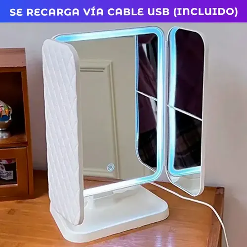 Espejo Triple Con Luz Led Usb Maquillaje Triptico Makeup
