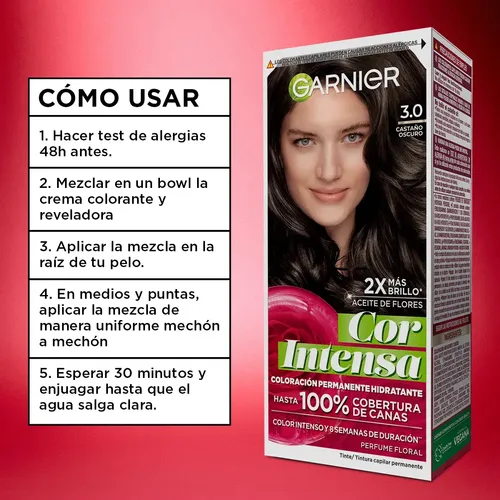 Kit Tintura Permanente Cor Intensa Tono 3.0 Castaño Oscuro Garnier