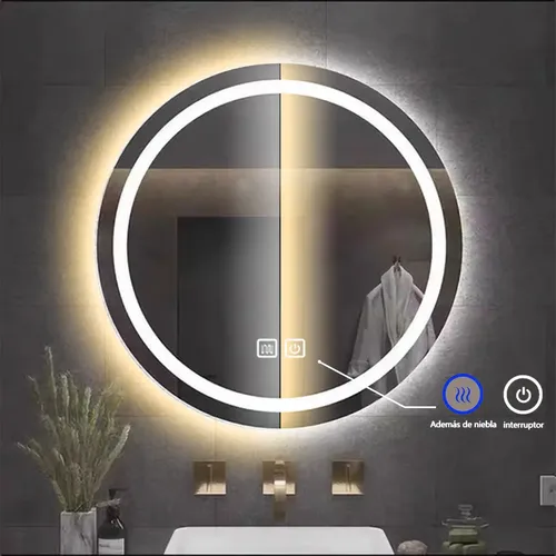 Espejo Redondo con Luz LED y Antivaho de 60 cm para Baño