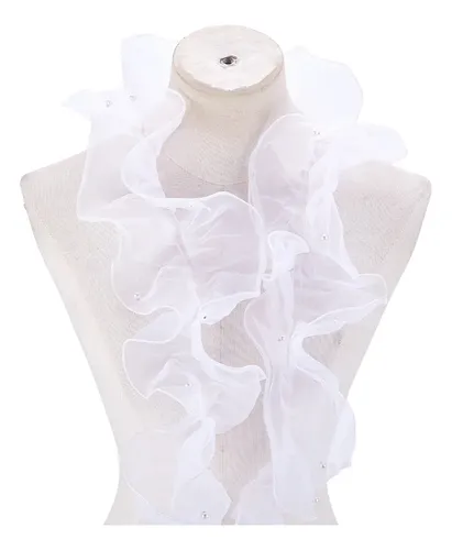 Cinta De Organza De 2 M Con Perlas De Resina Blanco Ruffled With Pearl Beads