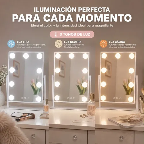 Espejo De Maquillaje Con Luces Led 3 Tonos Táctil 9leds