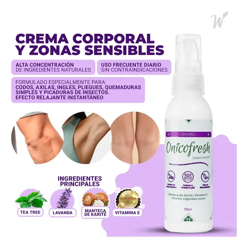 Crema Corporal Zonas Sensibles Codos Axilas Ingles Genital Pliegues Onicofresh Quemaduras simples Picaduras insectos Activos Naturales Lavanda Tea Tree