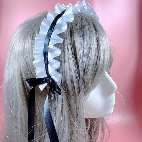 Diadema Plisada Con Lazo Para Mujer, Accesorio De Cosplay Pa White And Black