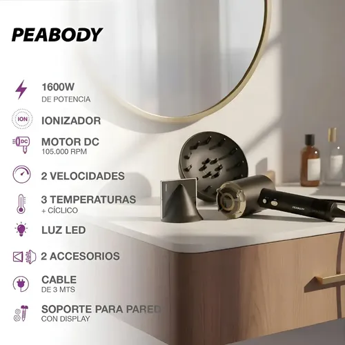 Secador Pelo Difusor Peabody PE-SPDC03N Frío Calor Con Soporte