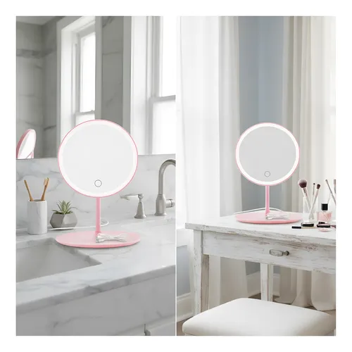 Espejo Con Luz Led Rosa 3 Tonos Para Maquillaje Usb