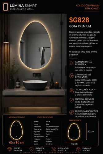 Espejo Led Digital Ovoide Lagrima Touch Inteligente