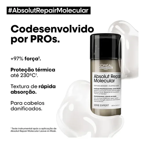 L’Oréal Professionnel Serie Expert Absolut Repair Molecular Mascarilla Sin Enjuague Reparadora de Daño Profundo para Cabello Dañado con Protección Térmica, 100 ml