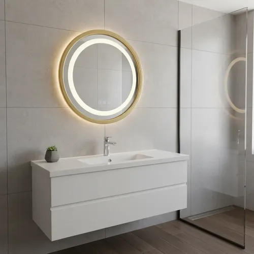 Espejo Redondo Pared Led Luz Frio Calido Marco Dorado 32cm