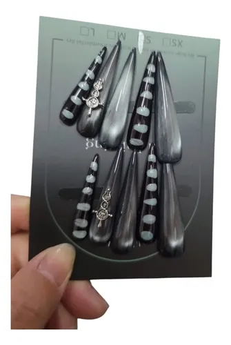 Uñas Postizas Press On Stiletto Negras Con Dije 3d