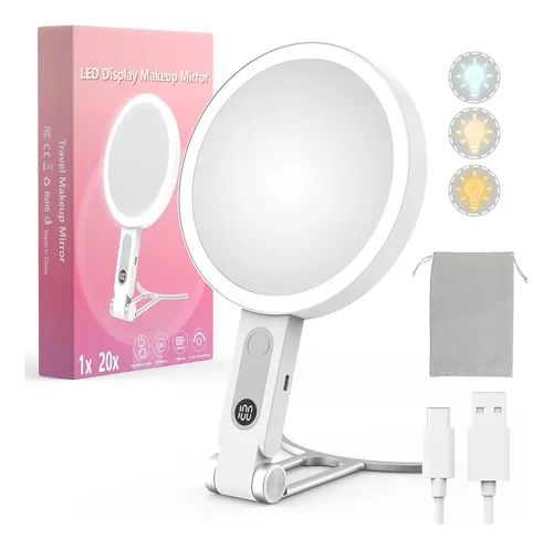 Espejo Con Luz De Aumento 1x/20x, Led, Recargable, Portátil