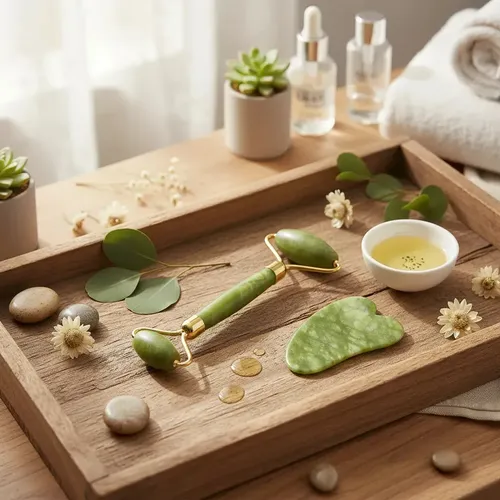 6u Jade Roller Masajeador Facial Y Piedra Gua Sha Set Verde