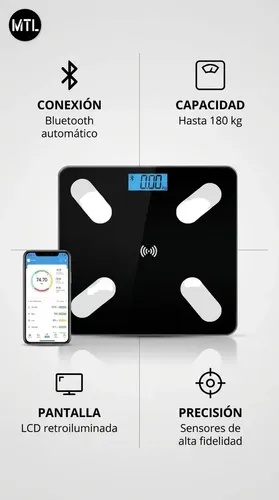 Balanza Digital Baño MTL Bluetooth 180kg Vidrio Templado Sensor Alta Precision Pantalla Lcd Encendido Automatico Diseño Slim Antideslizante Hogar Control Peso Salud Fitness App
