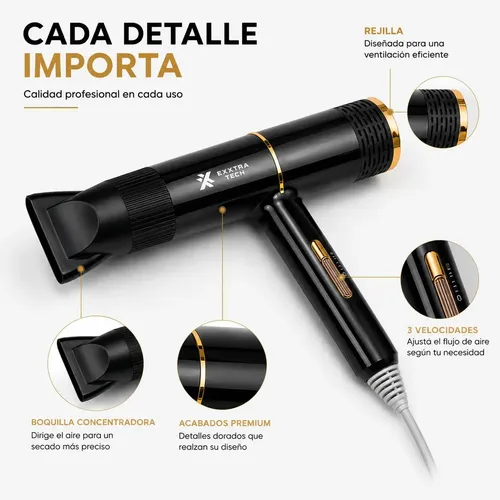 Secador De Pelo Profesional Para Viaje 2000w Exxtra Tech Con Boquilla Concentradora Compacto Liviano Aire Frío Calor Alta Potencia Azul Petróleo