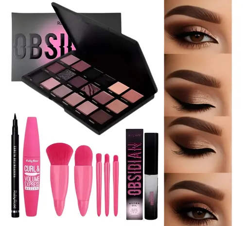 Set Maquillaje Basico Ruby Rose Paleta Sombras Gloss Rimmel
